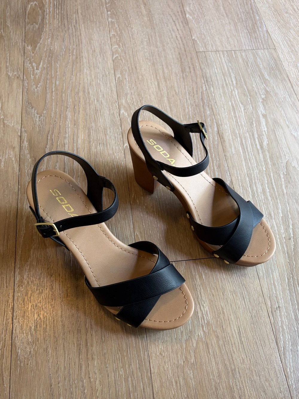 Black & Tan Cross-Strap Block Heel Sandals - Picture 5 of 8